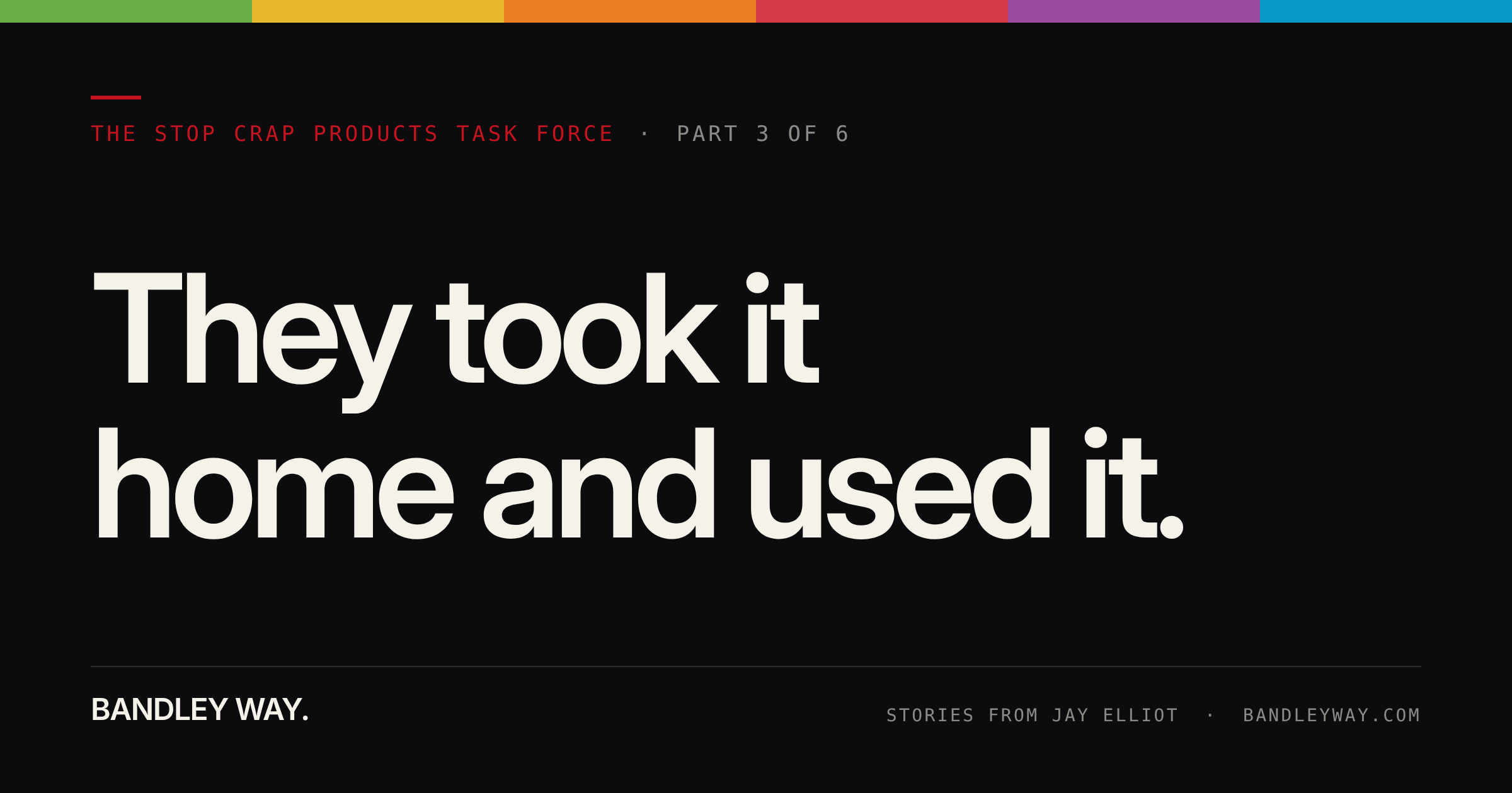 The Stop Crap Products Task Force, Part 3: Nobody on Apple's task force judged a product from a spec sheet. They took it home and used it. The 1-week version for your line... and the "3 percent" answer it exists to catch.